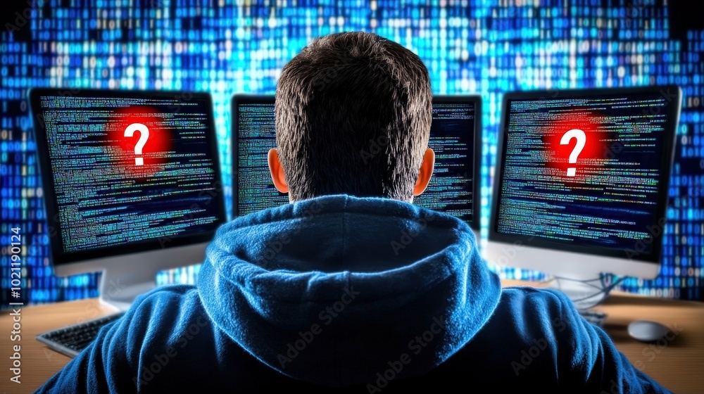 Poster a man is sitting in front of a computer with three monitors