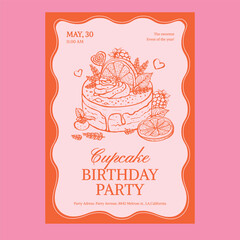 Vector birthday invitation with line illustration of cupcake with berries, cream, orange