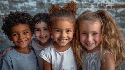 Fototapeta premium Four kids are smiling and hugging. This image shows the value of friendship and unity.