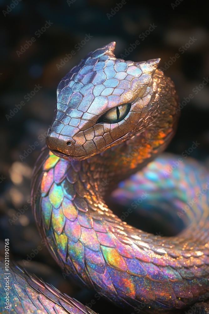 Poster a close-up view of a snake's head resting on a rocky surface, ready to strike