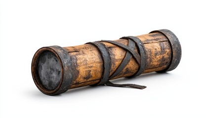 Wooden cylinder with leather straps on a white isolated background.
