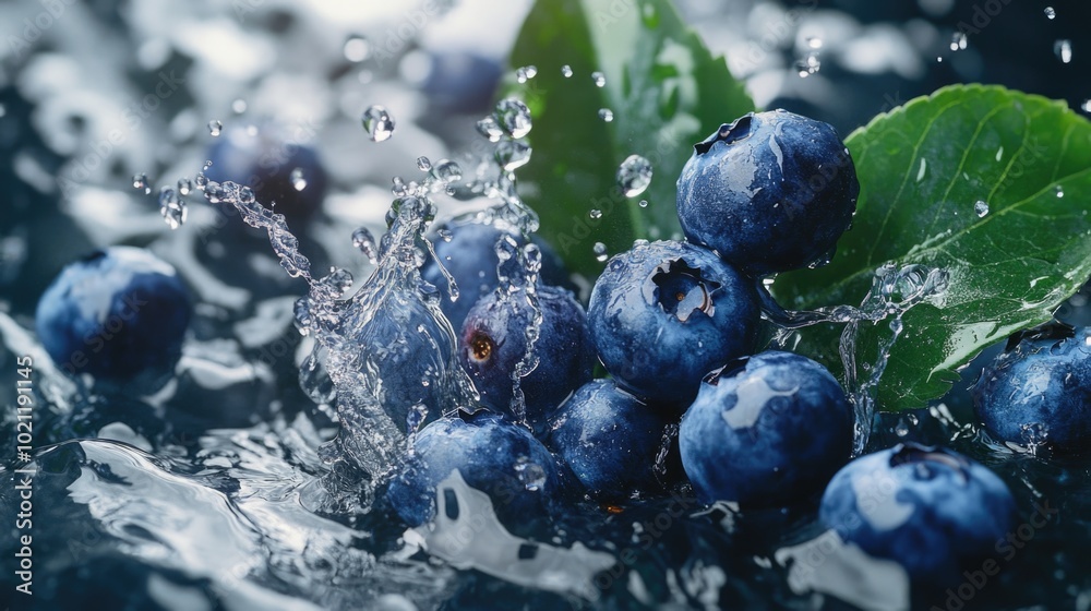 Poster blueberries submerged in water with splash effect