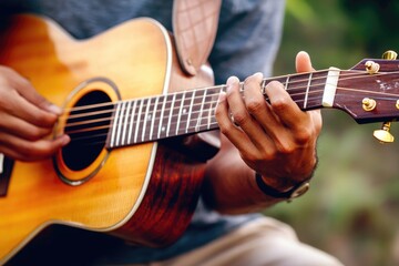 Obraz premium A person strums a guitar on the street or in a public space