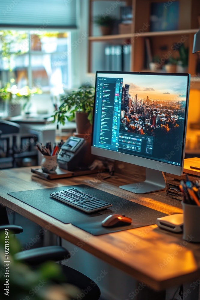 Poster A desktop computer sitting on a wooden desk with a simple setup