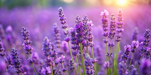 Fototapeta premium Lavender Blooming Closeup of Fragrant Flowers in a Violet Field Swaying on the Wind for Aromatherapy and Relaxation