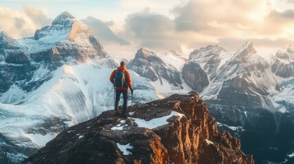 A picturesque scene of a backpacker atop a mountain, surrounded by rugged terrain and winter landscapes,
