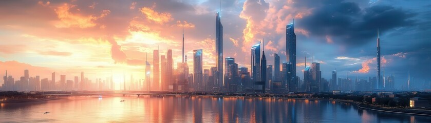 Fototapeta premium Futuristic cityscape with renewable energy sources, symbolizing the new economy