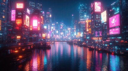 Obraz premium Futuristic cityscape with digital advertisements for fintech apps, neon lights, skyscrapers, urban technology, high detail, cyberpunk style