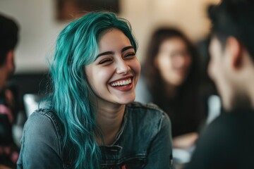 Obraz premium A young woman with vibrant green hair smiles at a man, conveying warmth and friendliness