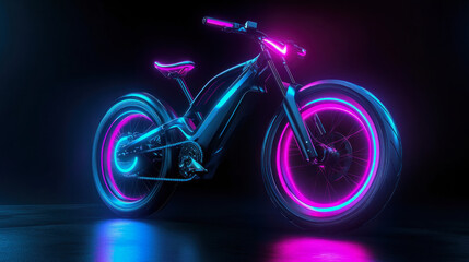 Fototapeta premium A vibrant neon-lit e-bike stands out against a dark backdrop, showcasing its futuristic design and glowing features