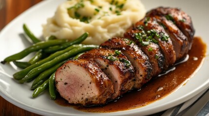 Succulent sliced pork tenderloin with glaze, served with mashed potatoes and green beans on a white plate.