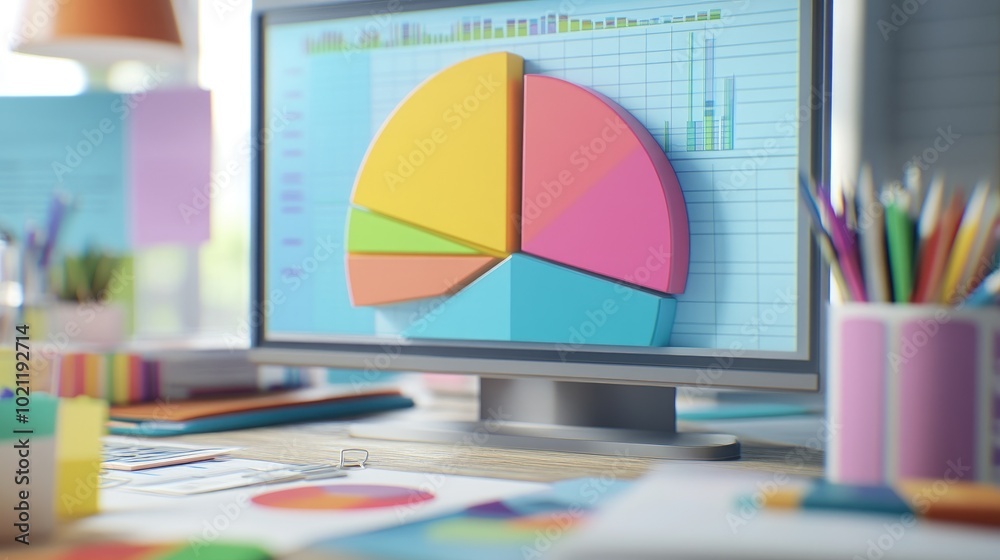Poster colorful data visualization on computer screen