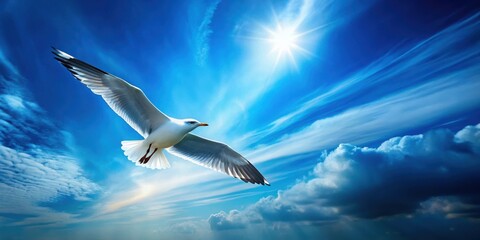 Abstract Blue Landscape with Seagull Soaring Above in Low Angle Perspective