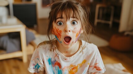 A surprised, cute and charming girl standing in the center of her room shows the camera how she got her face, clothes and hands dirty with paint of different colors