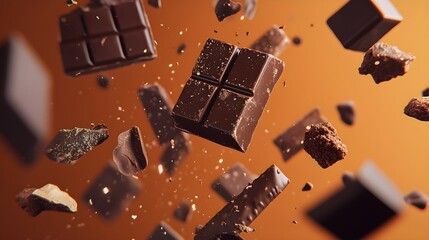 Pieces of chocolate floating in the air on a dark background that matches the color of the chocolate. Confectionery