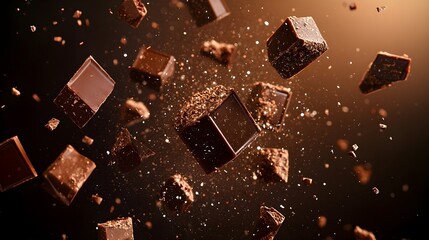 Pieces of chocolate floating in the air on a dark background that matches the color of the chocolate. Confectionery