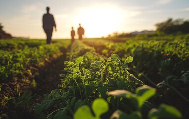 Fototapeta premium A serene sunset scene on a farm, featuring people walking among rows of fresh greenery.