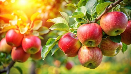 Fresh Ripe Apples Growing on Tree Branch in Summer Orchard Harvest Season