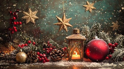 Christmas lantern and ornaments with snow-covered pine branches