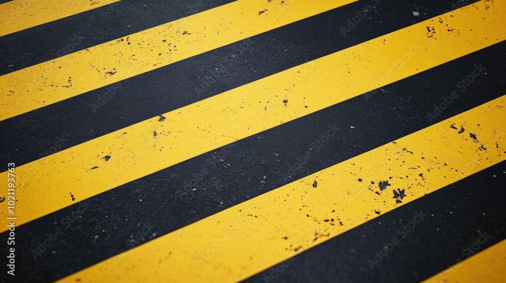 Poster a detailed view of a floor with alternating yellow and black stripes