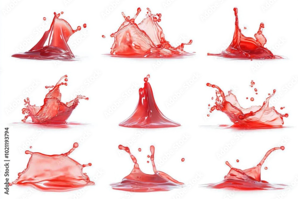 Poster A series of photos showing the movement and spread of a red liquid as it splashes on various surfaces