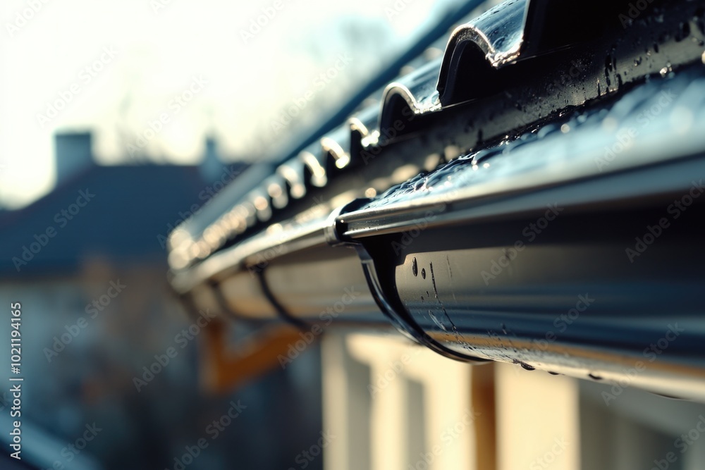 Poster a close-up shot of a gutter on the side of a building, suitable for architecture or construction ill