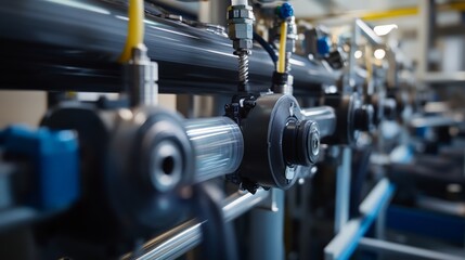 Fototapeta premium Close-up of a Plastic Tubing Manufacturing Machine in a Modern Factory Setting