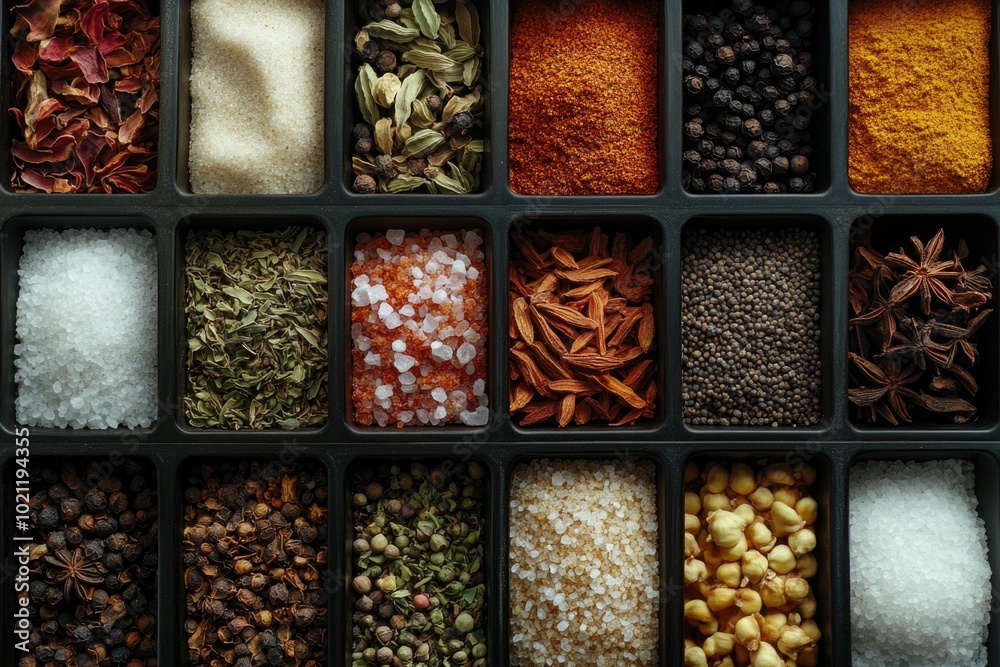 Poster a colorful and diverse collection of spices arranged in a tray