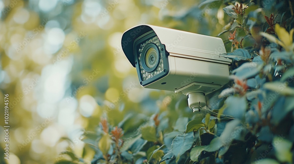 Poster a security camera mounted on the trunk of a tree, capturing footage of its surroundings