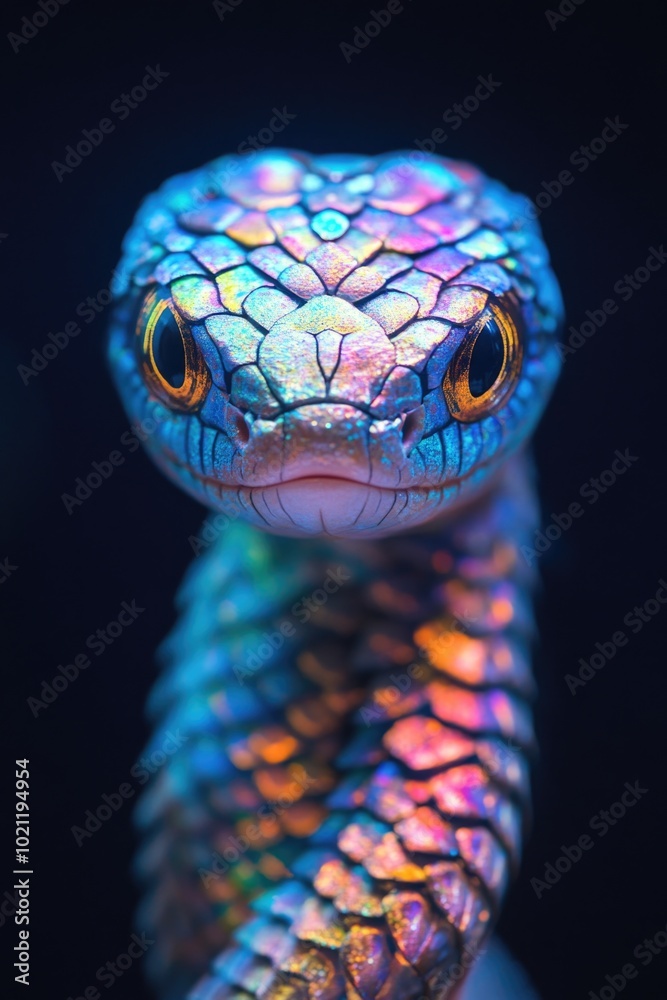 Poster A close-up view of a colorful snake's head with intricate patterns