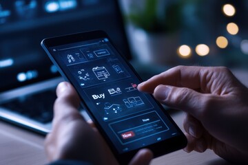 Online Shopping on Mobile Device: A person using a smartphone to browse Black Friday deals. The screen shows an e-commerce site with various product categories, special offers, and a "Buy Now" button