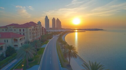 A scenic view of a coastal road with palm trees and buildings in the distance, as the sun sets over the water.