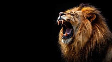 Majestic male lion roaring against a dramatic black background.