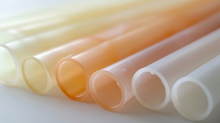 Close-up of Lightweight Plastic Tubes in Gradual Tones of Orange, Yellow, and White, Emphasizing Smooth Textures and Translucent Properties