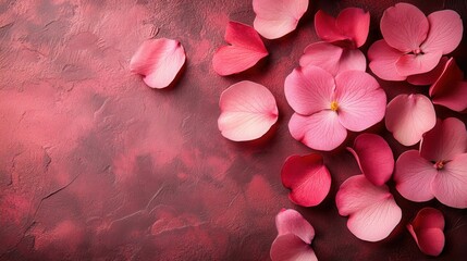 Obraz premium Soft pink flower petals are artfully arranged on a textured reddish background, creating a serene and elegant atmosphere. This composition highlights the intricate details of the petals, celebrating t
