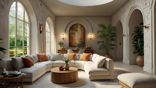 Ultra realistic  video of Modern take on  rivendell and lothlorien inspired small condo white cream stone, light wood round arches interor view of living room + tropical foliage
