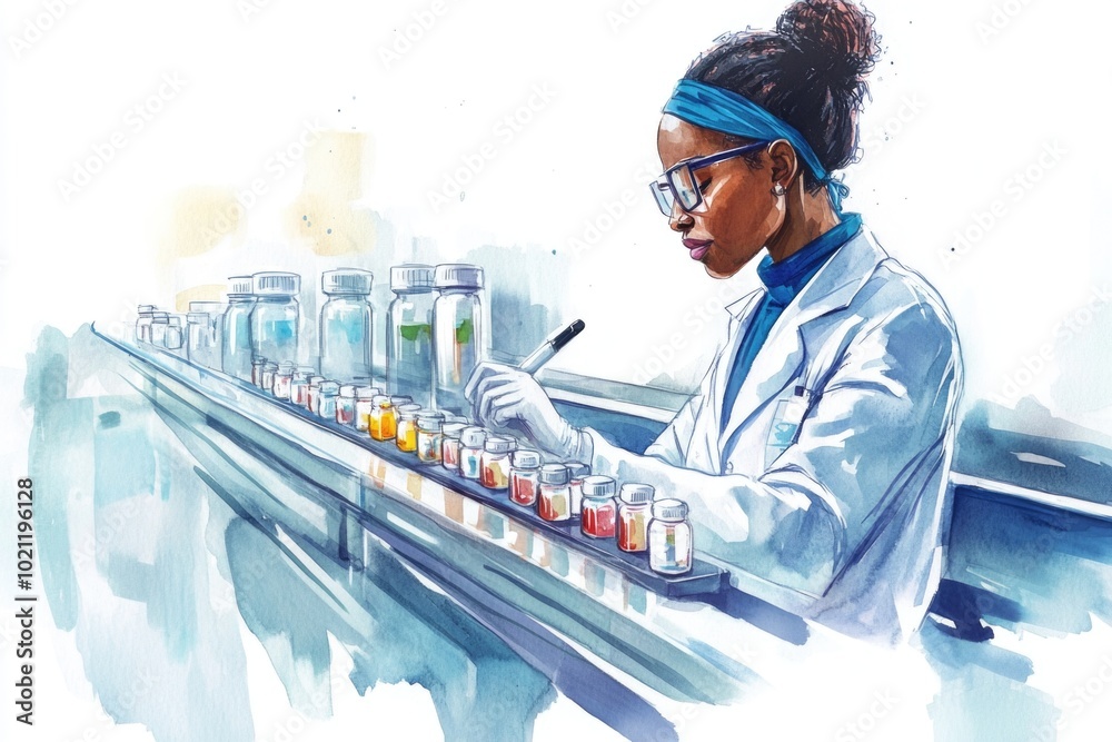 Poster a scientist in a lab coat is focused on her work, writing notes on a piece of paper
