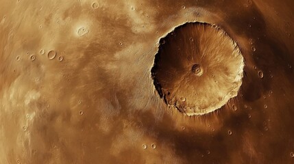 A stunning aerial view of Olympus Mons on Mars, showcasing its massive crater and rugged terrain in rich brown hues.