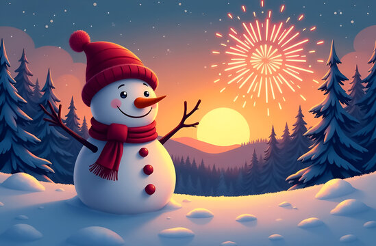 snowman happy in winter hat and scarf on snow at sunset