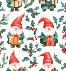 Seamless pattern with Scandinavian Christmas Gnomes, lamps and letters. Watercolor illustration on white background.