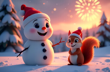 snowman and brown squirrel on fireworks background christmas or new year greeting card