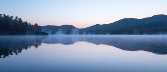 Obraz premium Serene lake at dawn with mist rising against a backdrop of mountains.