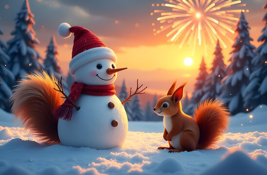snowman and brown squirrel on fireworks background christmas or new year greeting card