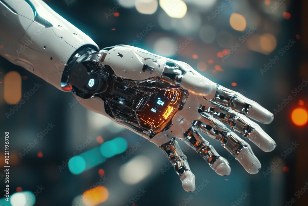 Aufkleber close-up shot of a robot's hand with bright lights in the background, suitable for technology and in