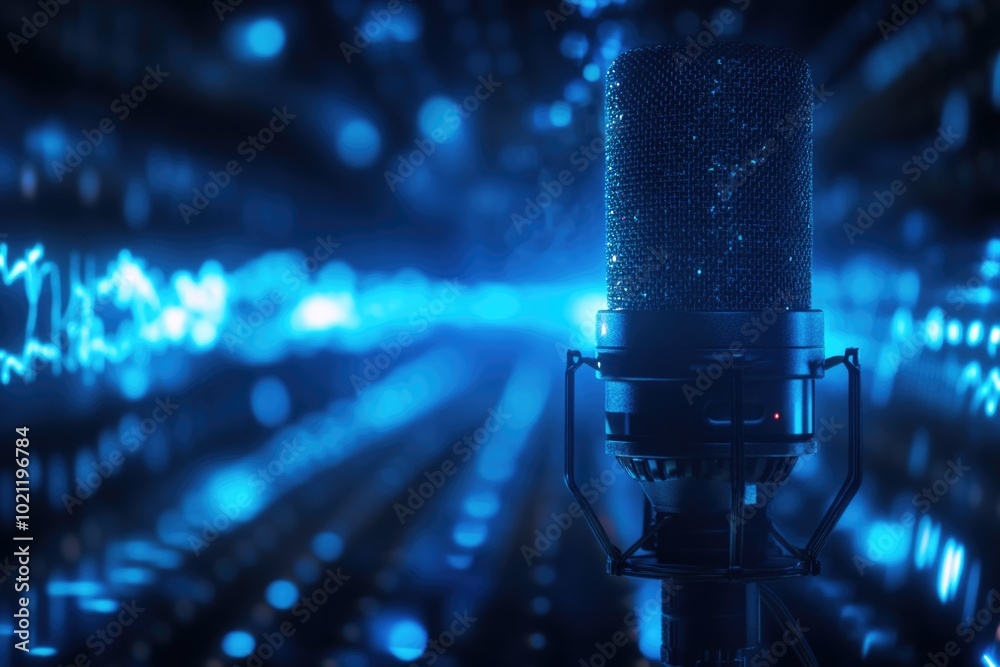 Aufkleber A close-up shot of a microphone placed in front of a blue background, ideal for use in presentations or as a decorative element