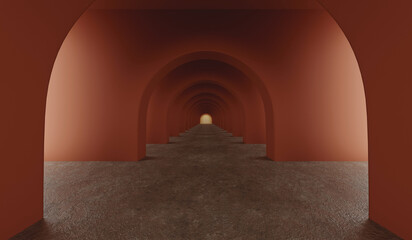 Empty corridor with many white arches in perspective view. Abstract architecture. Archway. Interior design. Step forward. Philosophical classic. Illuminated corridor. 3D illustration