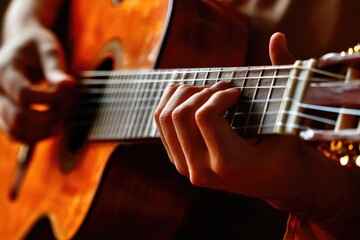 Obraz premium Close-up shot of someone playing a guitar