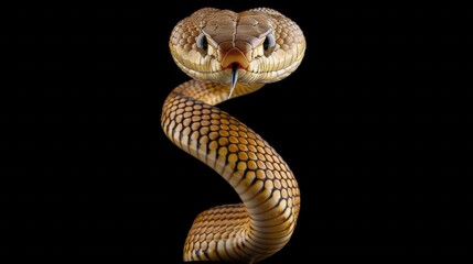 Fototapeta premium A snake is shown in a black background with its head up and its tongue out