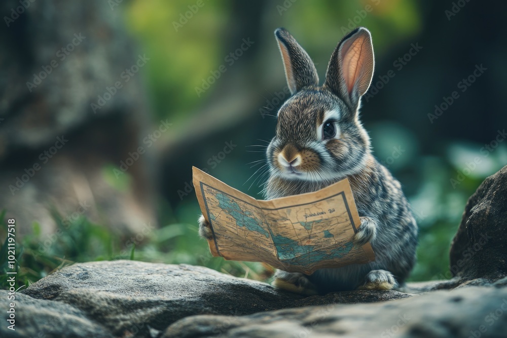 Poster a rabbit sitting on a rock studying a map