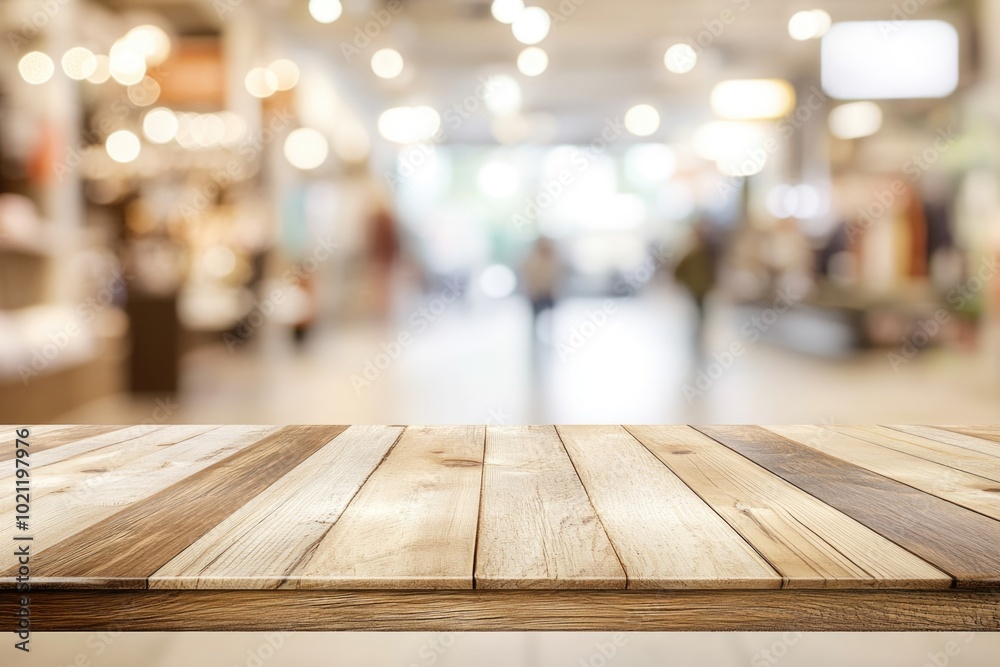 Poster a wooden table in a store with blurred lights in the background